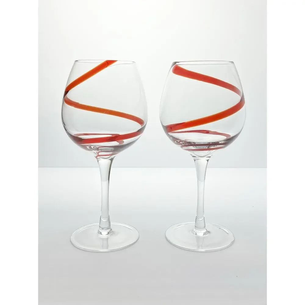 Pier 1 “Swirline, Red” Pair of Balloon Wine Glasses 8 3/4” 22oz